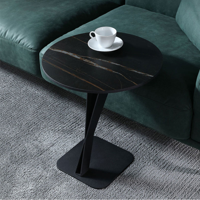 Pedestal Stone Coffee Table Round Single Cocktail Table in Black/White
