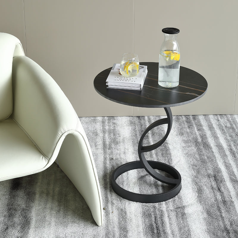 Round Black and White Stone Coffee Table Pedestal 1 Single Cocktail Table