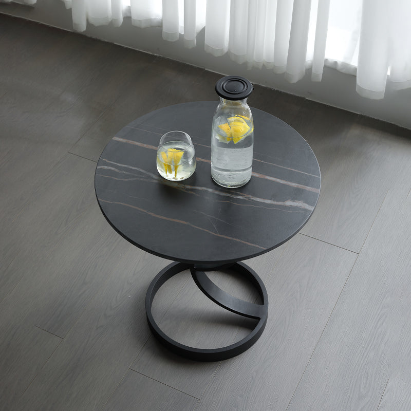 Round Black and White Stone Coffee Table Pedestal 1 Single Cocktail Table