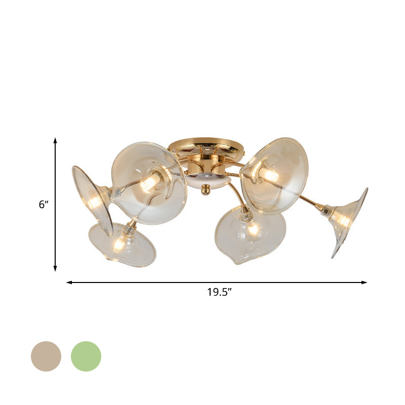 Gold Flared Semi Flush Light Fixture Post Modern 6-Bulb Green/Clear Glass Flush Mounted Lamp for Living Room