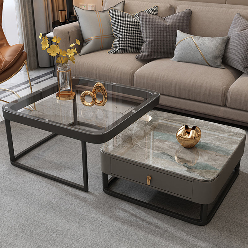 Coffee Table with a Framed Base and a Glass Top Made of Square Slate
