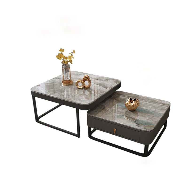 Coffee Table with a Framed Base and a Glass Top Made of Square Slate