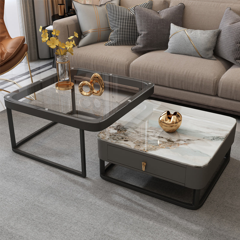Coffee Table with a Framed Base and a Glass Top Made of Square Slate