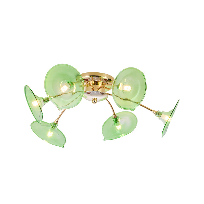 Gold Flared Semi Flush Light Fixture Post Modern 6-Bulb Green/Clear Glass Flush Mounted Lamp for Living Room