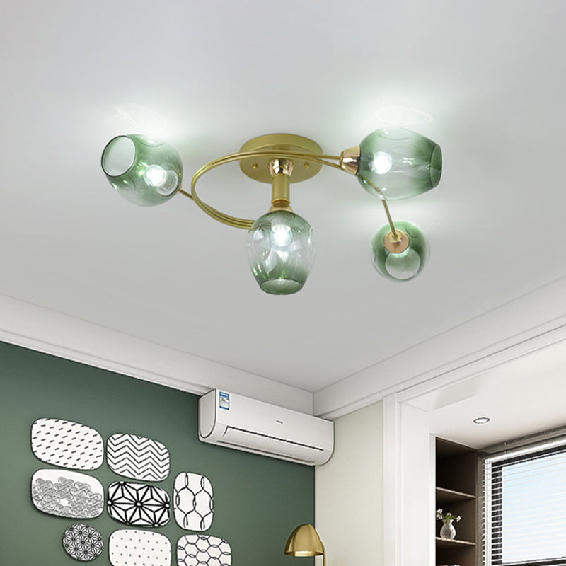 Lampe semi-encastrée en spirale en fer moderne, 4 têtes dorées, proche du plafonnier, avec abat-jour en verre alvéolé vert progressif