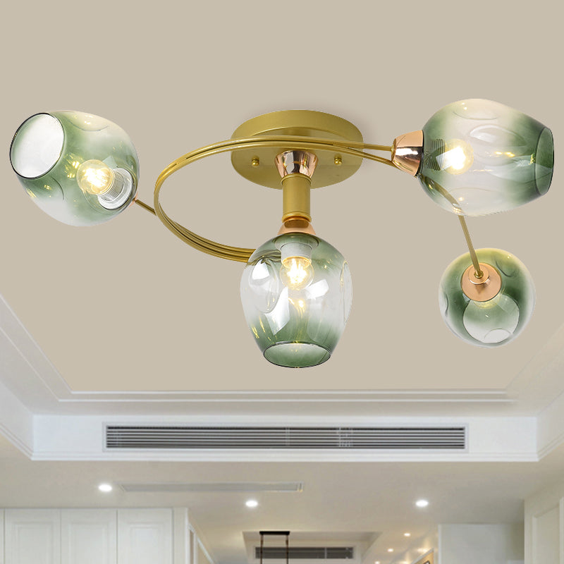 Lampe semi-encastrée en spirale en fer moderne, 4 têtes dorées, proche du plafonnier, avec abat-jour en verre alvéolé vert progressif