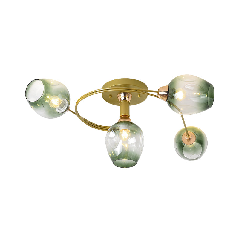 Lampe semi-encastrée en spirale en fer moderne, 4 têtes dorées, proche du plafonnier, avec abat-jour en verre alvéolé vert progressif