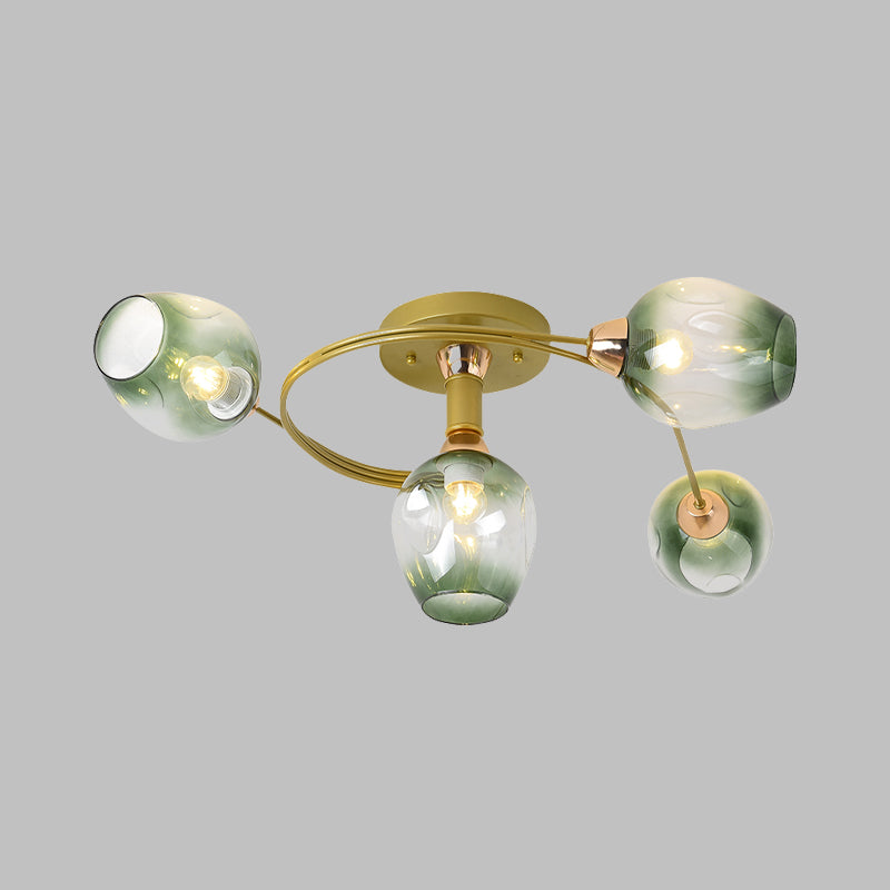 Lampe semi-encastrée en spirale en fer moderne, 4 têtes dorées, proche du plafonnier, avec abat-jour en verre alvéolé vert progressif