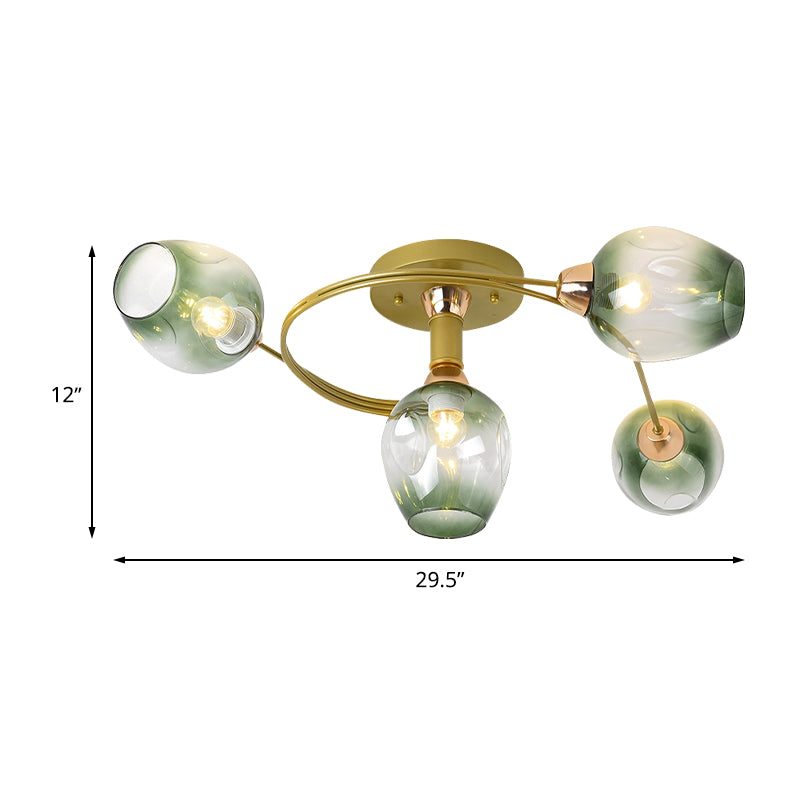 Lampe semi-encastrée en spirale en fer moderne, 4 têtes dorées, proche du plafonnier, avec abat-jour en verre alvéolé vert progressif