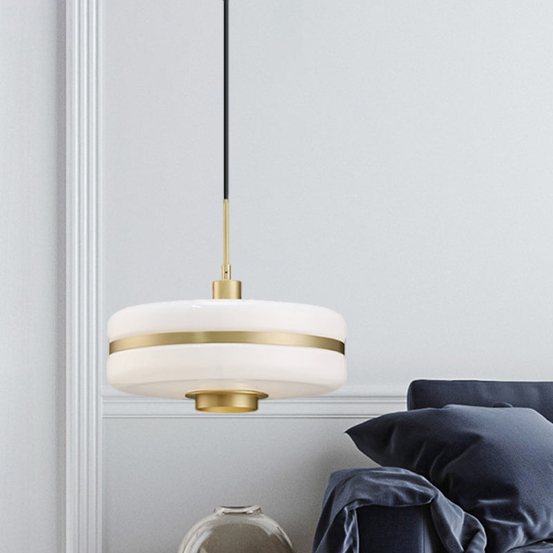 White Glass Drum Pendant Ceiling Light Modern 1 Light Gold Suspension Light for Living Room