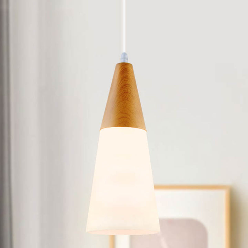 White Glass Cone Hanging Light Modern 1 Light Pendant Light Fixture with Wood Cap
