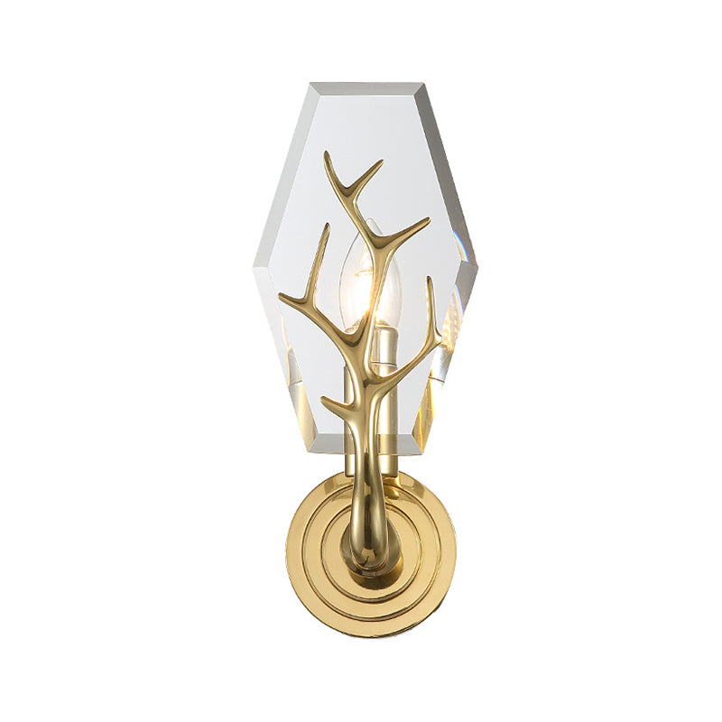 Hexagon Pannel Sconce Light Aymator Modernisme Crystal 1 Bulbe Murmont de murs en or avec déco de bois