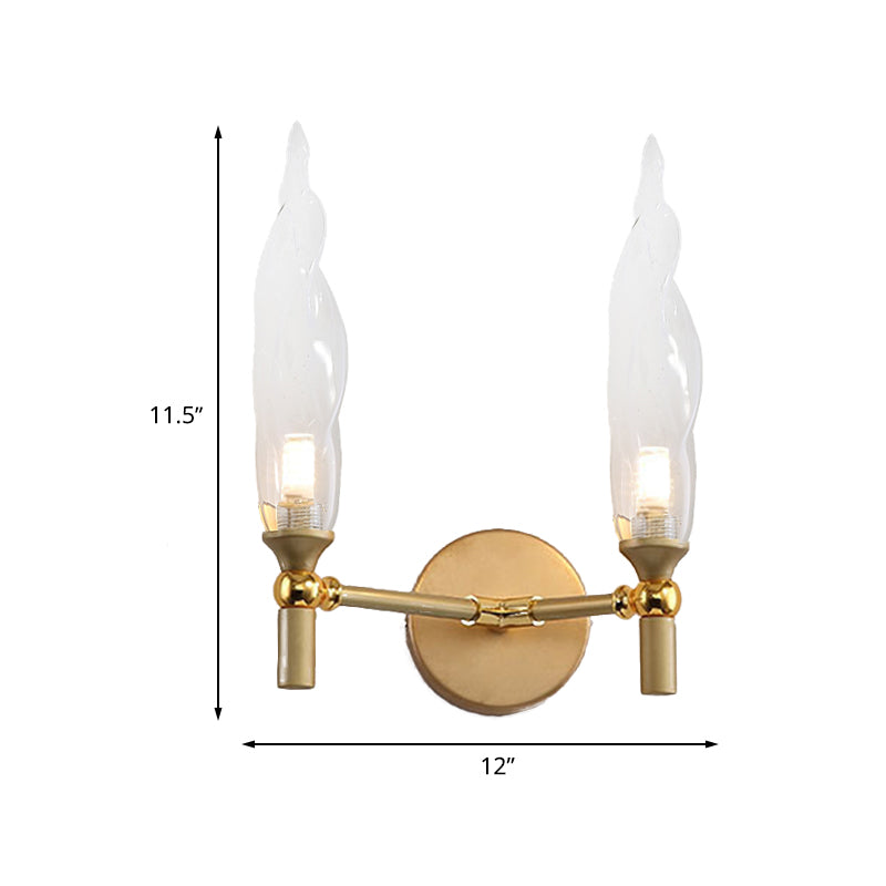 Double Arm Wall Lighting Modernism Metal 2 Bulbs Living Room Wall Mount Sconce in Gold with Torch Clear Glass Shade