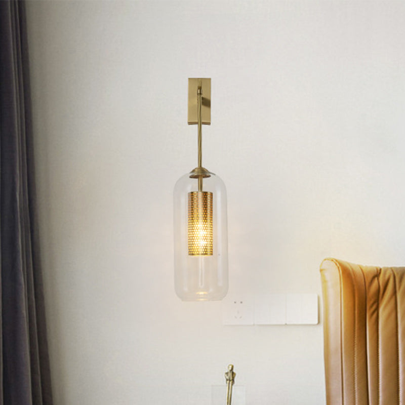 Clear Glass Capsule Wall Mount Light Fixture Modern 1-Head Sconce Lamp in Gold for Bedside