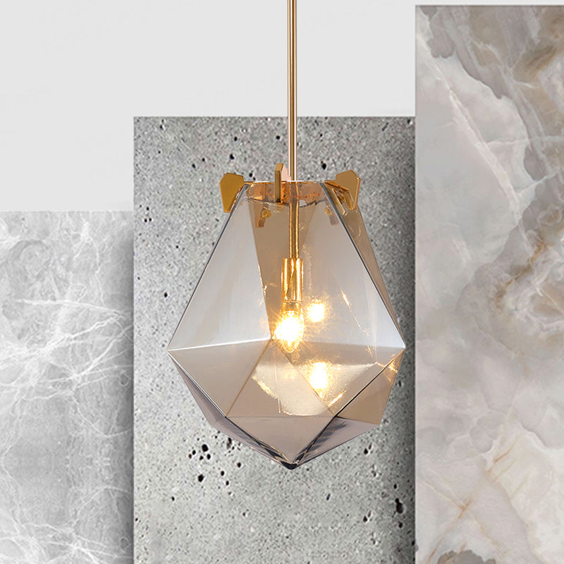 1 Light Bedroom Pendant Lamp Modern Smoke Gray/Cognac Hanging Light with Geometric Glass Shade, 10"/14" Wide