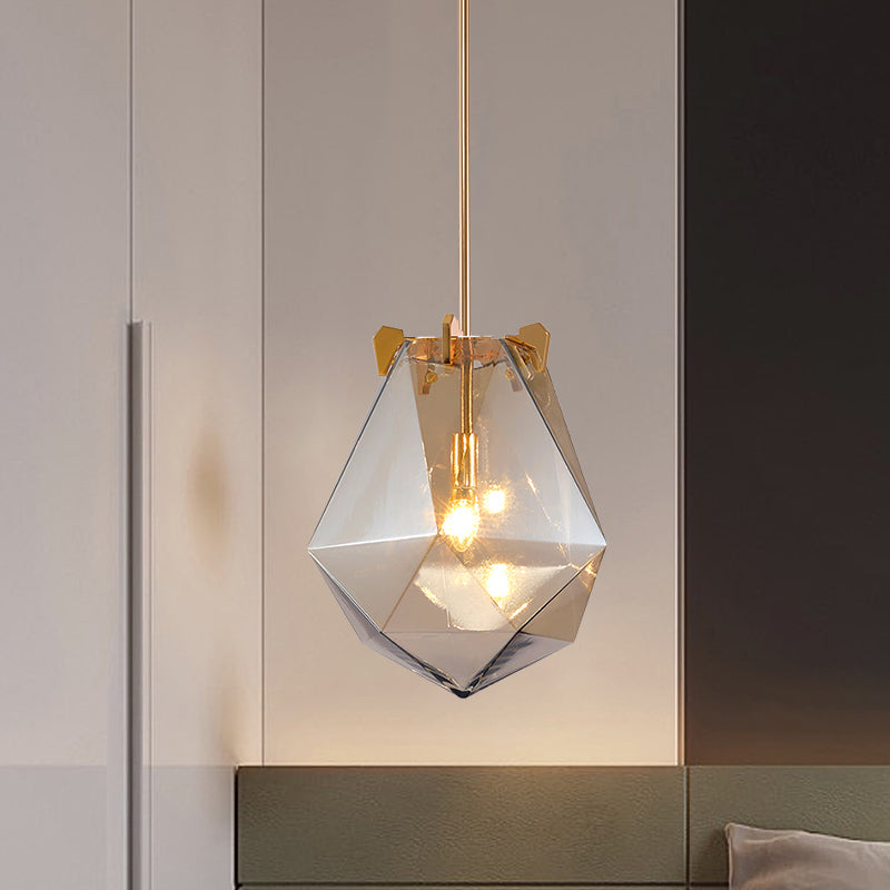 1 pendentif de chambre à coucher léger Gris fumé moderne / Cognac Lumière suspendue avec une teinte en verre géométrique, 10 "/ 14" de large