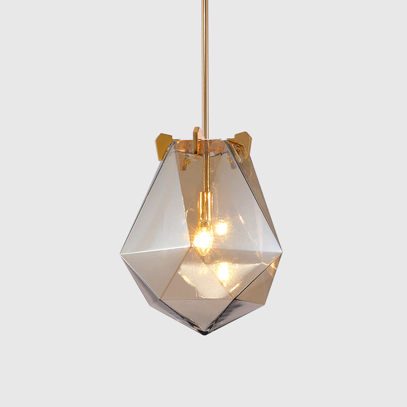 1 pendentif de chambre à coucher léger Gris fumé moderne / Cognac Lumière suspendue avec une teinte en verre géométrique, 10 "/ 14" de large