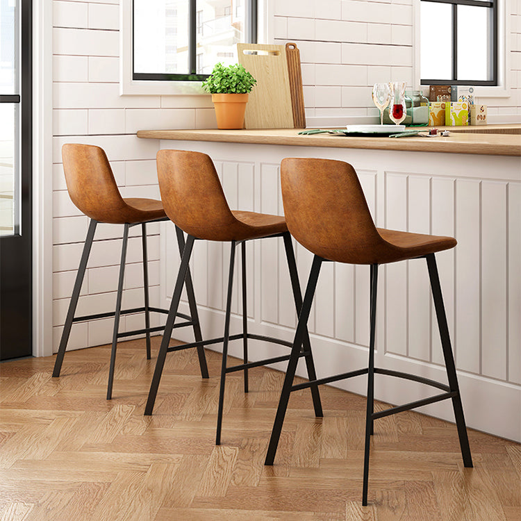 Nordic Black Iron Barstool Low Back Indoor Tall Stool with Distressed Leather Seat