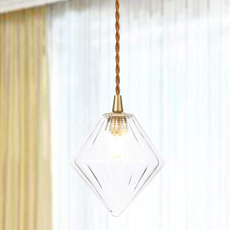 Diamond Pendant Light Fixture Contemporary Amber/Clear Glass 1 Light 3"/4" Wide Dining Room Hanging Lamp Kit