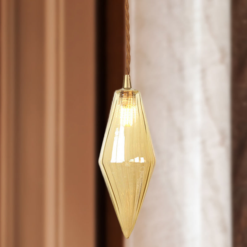 Diamond Pendant Light Fixture Contemporary Amber/Clear Glass 1 Light 3"/4" Wide Dining Room Hanging Lamp Kit