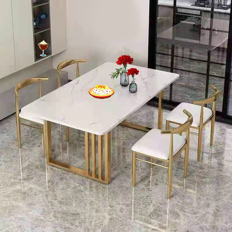 Glam Stone Dining Table Rectangle Iron Table with Double Pedestal Table