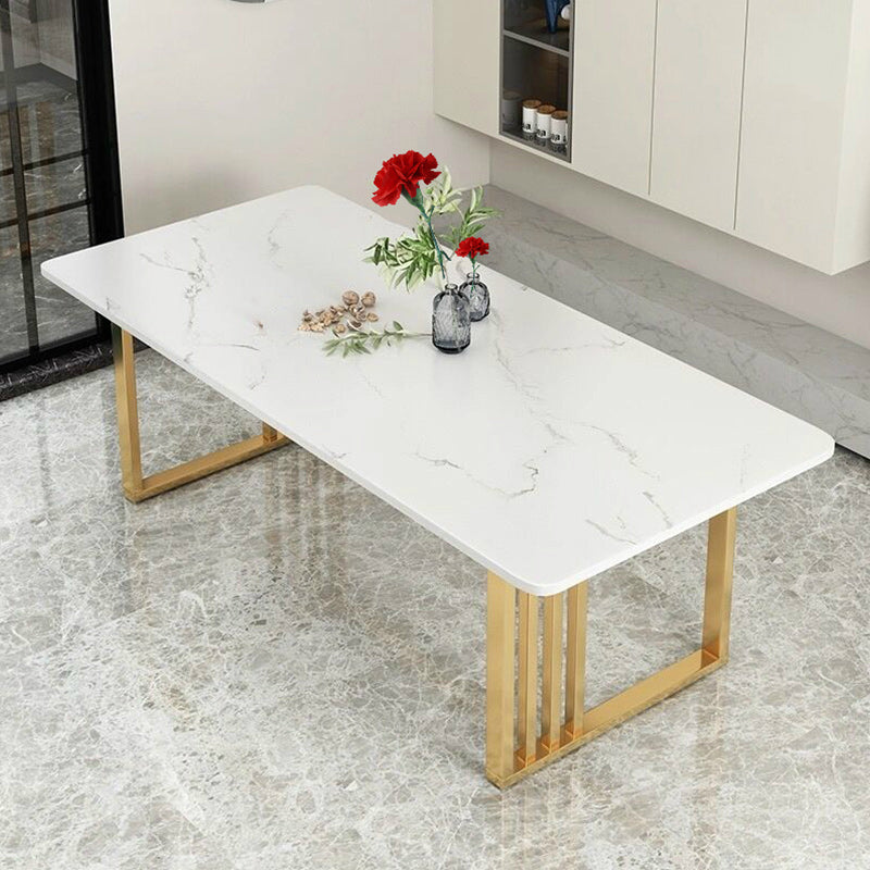 Glam Stone Dining Table Rectangle Iron Table with Double Pedestal Table
