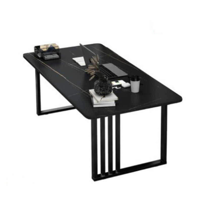 Glam Stone Dining Table Rectangle Iron Table with Double Pedestal Table