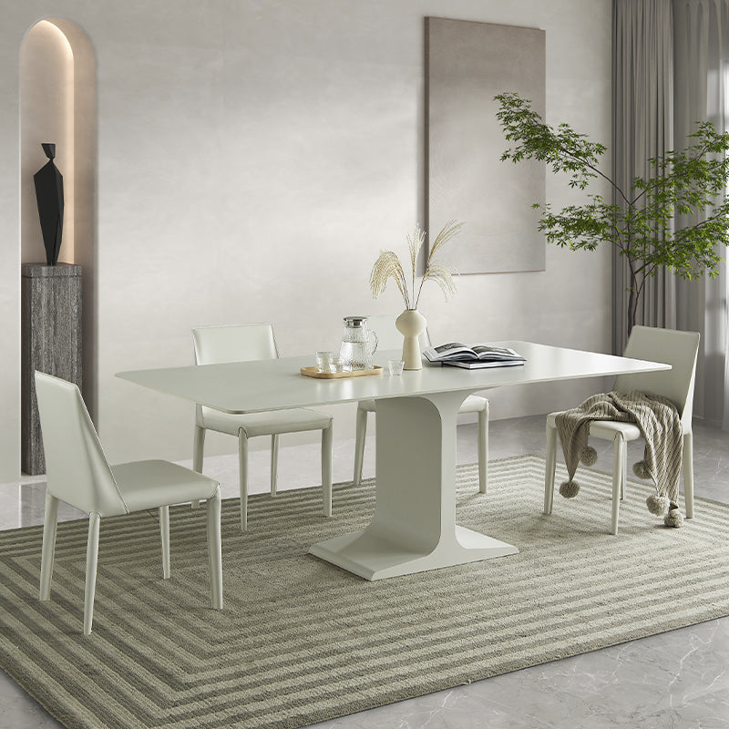 White Stone and Steel Dinner Table Rectangle Pedestal Casual Dining Table