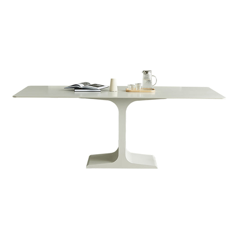 White Stone and Steel Dinner Table Rectangle Pedestal Casual Dining Table