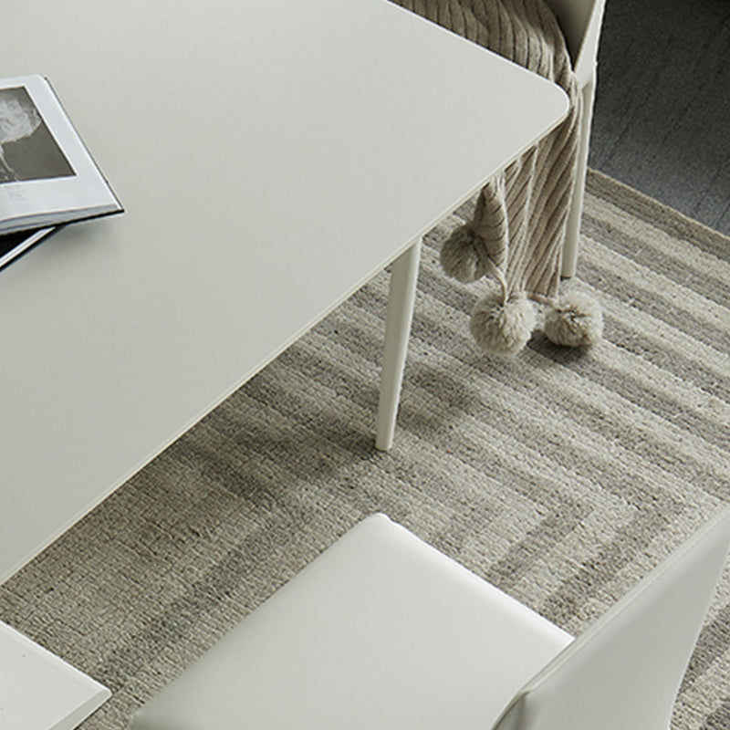 White Stone and Steel Dinner Table Rectangle Pedestal Casual Dining Table