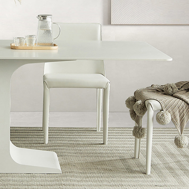 White Stone and Steel Dinner Table Rectangle Pedestal Casual Dining Table