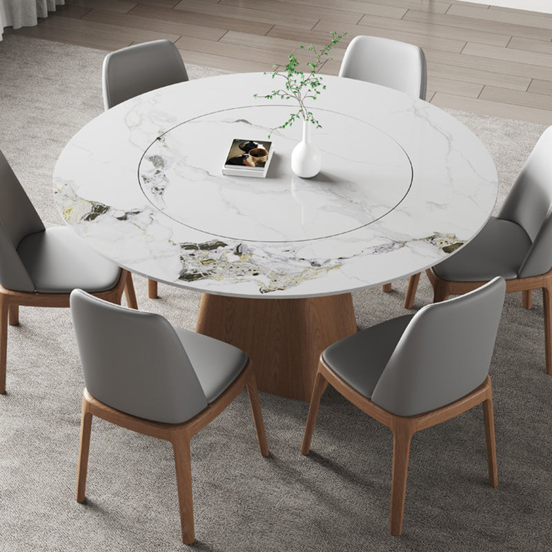 Modern Stone White Dining Table Round Furniture with Solid Wood Pedestal Base