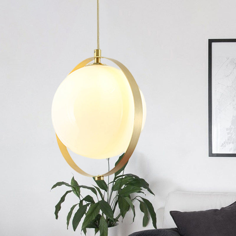 Globe White Glass Hanging Light Kit Modern 1 Light Pendant Lighting with Brass Ring