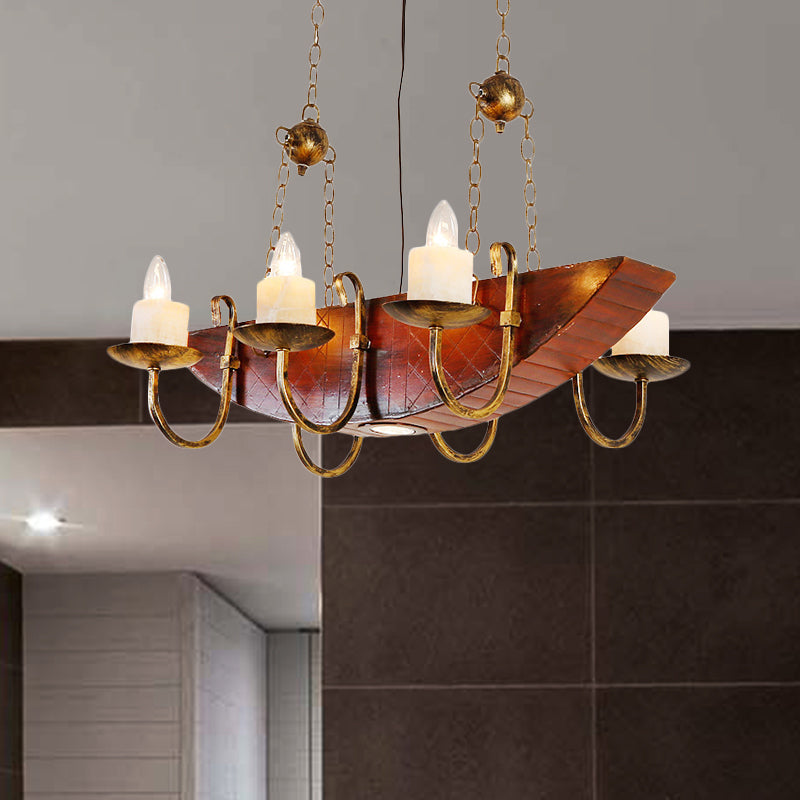 Antique Brass Candle Chandelier Lamp Rustic Metal 6-Light Living Room Hanging Light with Wooden Shelf