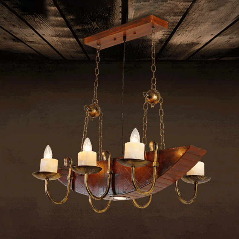 Antique Brass Candle Chandelier Lamp Rustic Metal 6-Light Living Room Hanging Light with Wooden Shelf