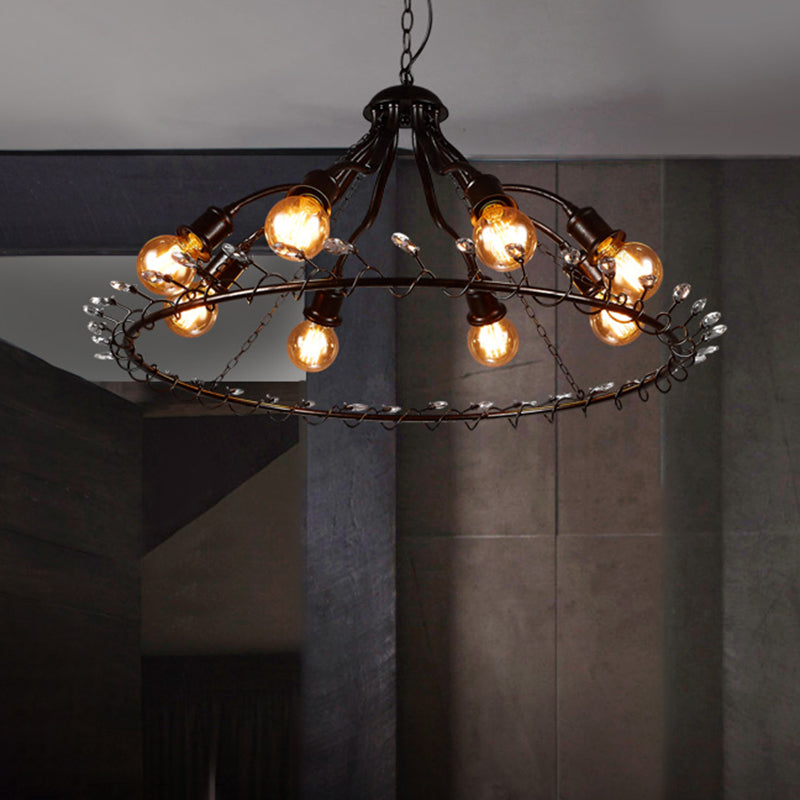 Black 8 Lights Chandelier Light Fixture Vintage Metal Radial Shape Pendant Lamp for Living Room