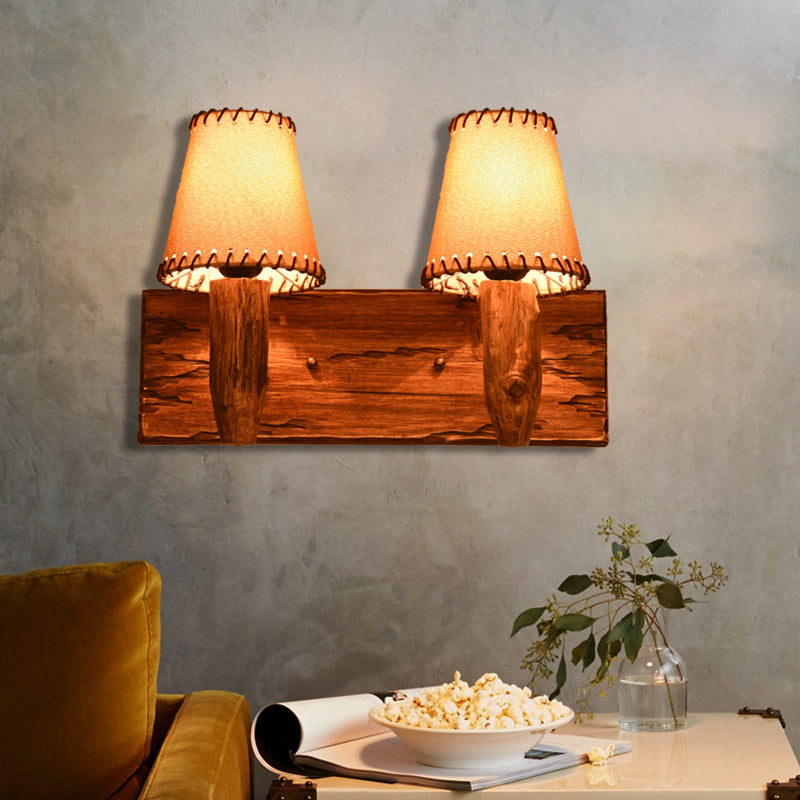 1/2-Light Tapered Wall Lamp Industrial Wood Fabric Sconce Light Fixture for Dining Room