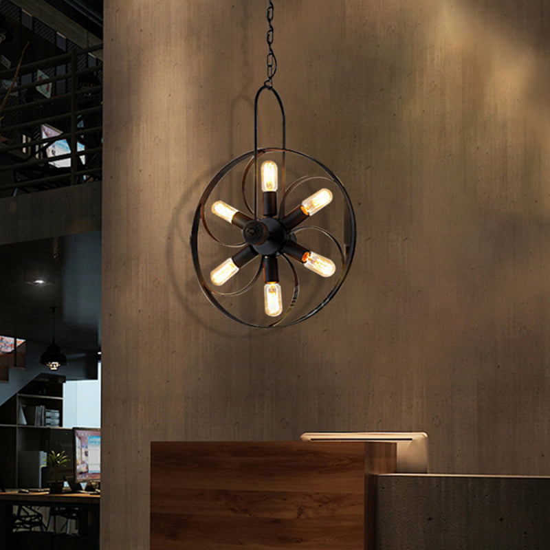 6/18 Bulbs Island Light Wagon Wheel Metal Vintage Dining Room Pendant Lighting in Black