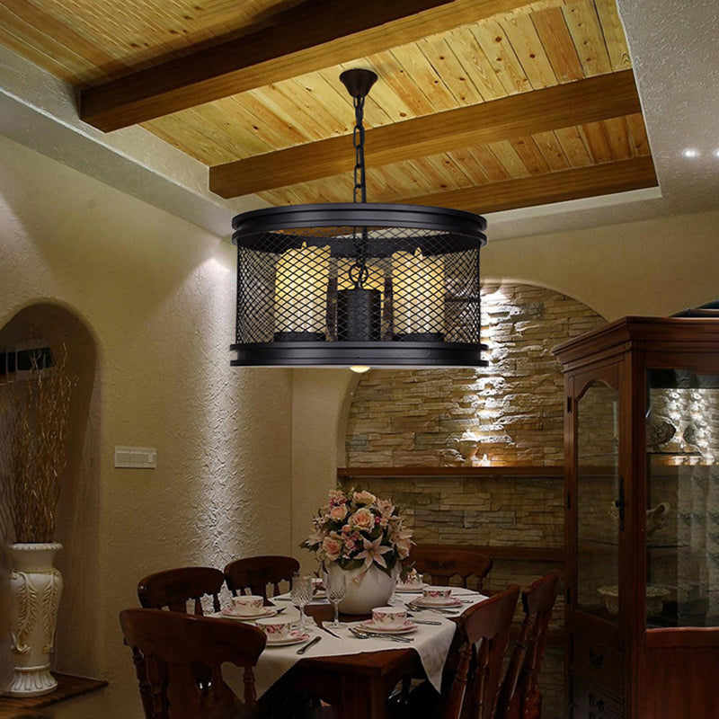 Black Drum Shade Chandelier Industrial Metal and Resin 3-Light Living Room Pendant Lighting Fixture with Cage