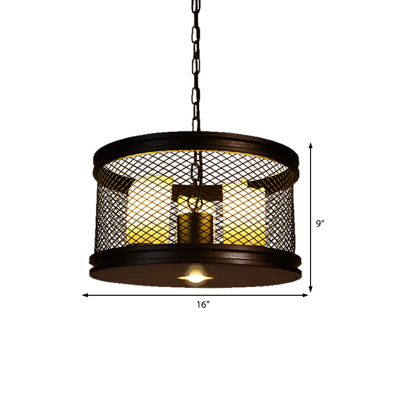 Black Drum Shade Chandelier Industrial Metal and Resin 3-Light Living Room Pendant Lighting Fixture with Cage