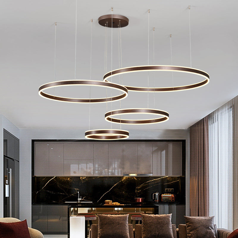 3/4-Light Circular LED Chandelier Contemporary Coffee Acrylic Pendant Lighting in Warm/White Light