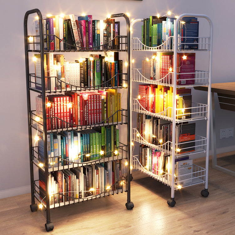 Modern Style Steel Bookcase with Wheels Open Bookshelf for Living Room
