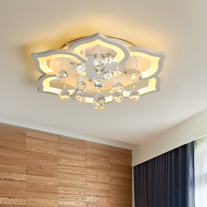 6/16/20 Lights Living Room Ceiling Light White Flush Mount Light Fixture in Warm/White Light with Floral Acrylic Shade and Crystal Drop