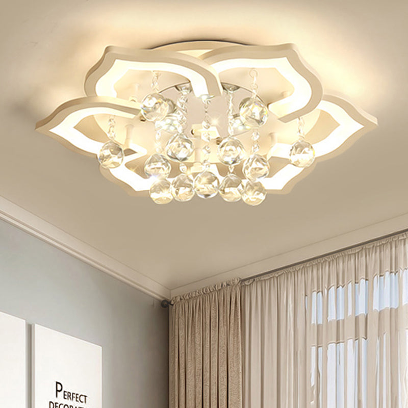 6/16/20 Lights Living Room Ceiling Light White Flush Mount Light Fixture in Warm/White Light with Floral Acrylic Shade and Crystal Drop