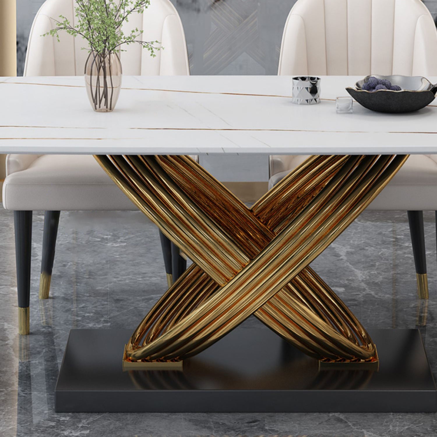 Glam Rectangle Dining Table Set 1/4/5/6/7 Pieces Dinette Set with White Stone Top