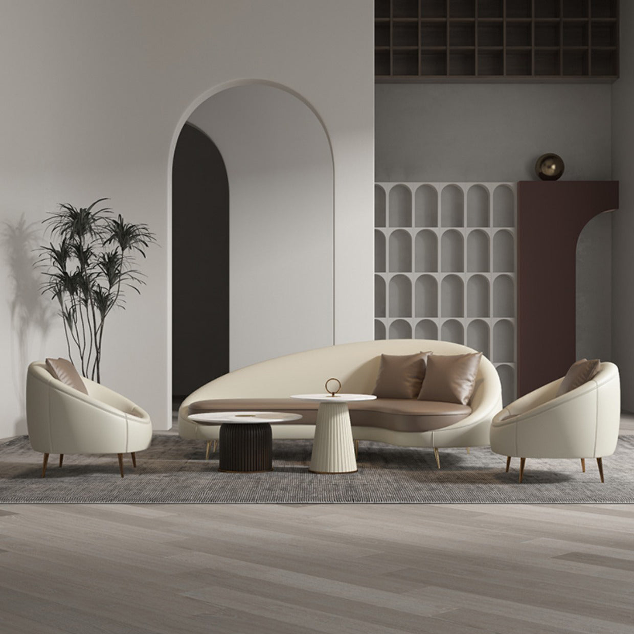 Faux Leather Curved Sofa Contemporary Sloped Arm Sofa for Living Room