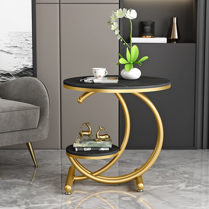 Modern Metal Black/Gold C Side Table Slate Round End Table with Storage