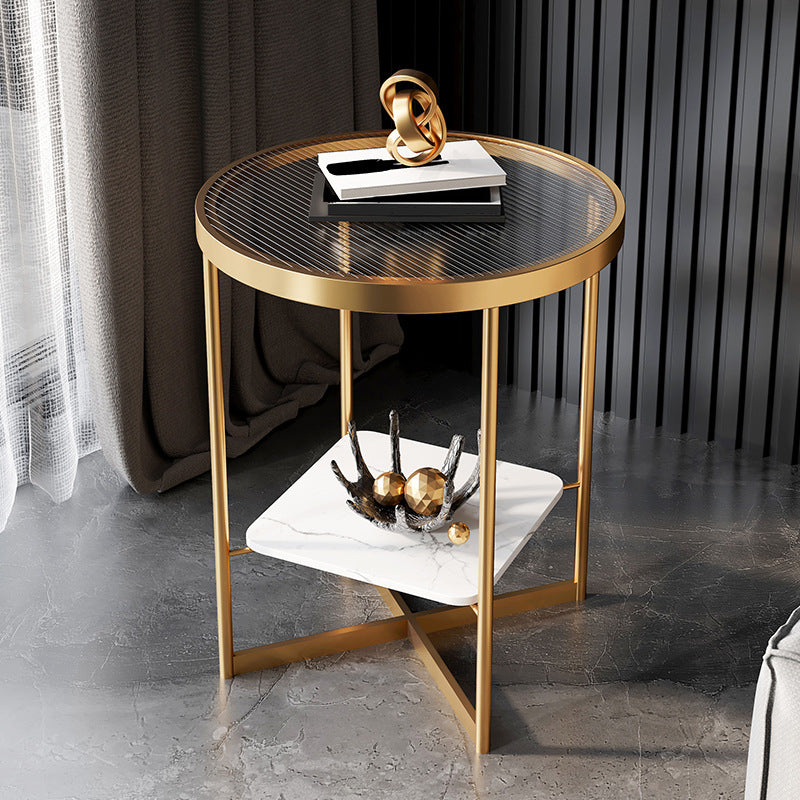 Dia 15.7"/19.7" Stone/Glass Round Side Table Shelf Included Cross Legs End Table