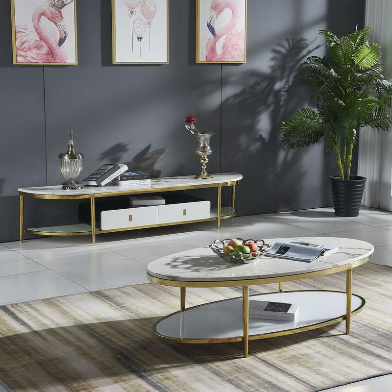 16.5" H Modern 4 Leg Steel Base Marble Oval Top Coffee Table