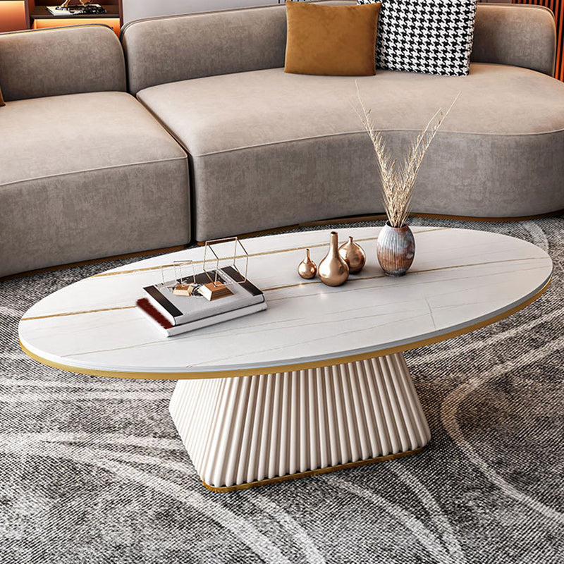Square Block Base Design Rock Plate Top Metal Base Oval Coffee Table